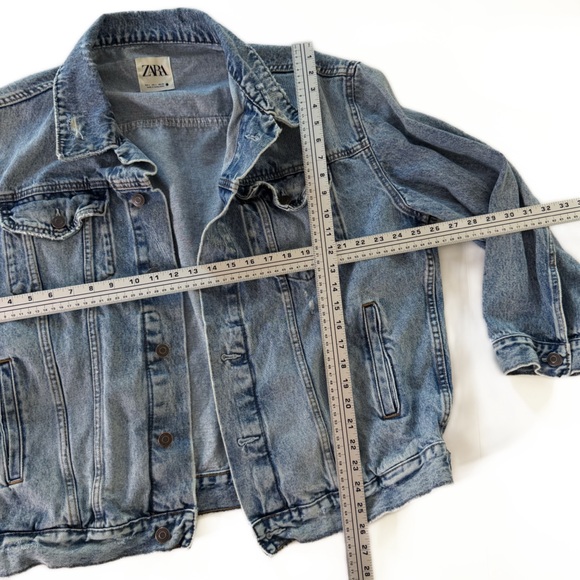 Zara Jacket Womens Large Oversized Denim Blue Jean Distressed Trucker - Picture 4 of 8